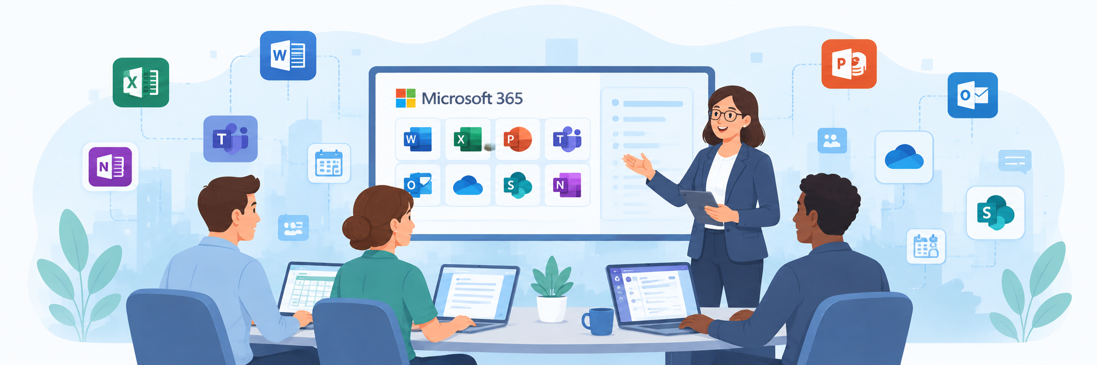 Illustration: Microsoft-365-Workshop in einem modernen Büro